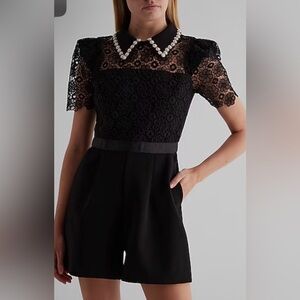 Express Lace Crochet Pearl Collar Romper Jumpsuit- New Without Tag